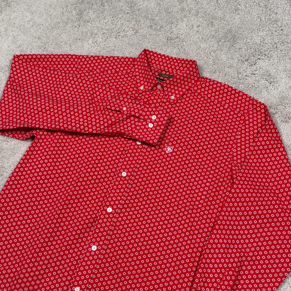 Ariat Felton Mens Red Geometric Print Fitted Long Sleeve Button Down Shirt L